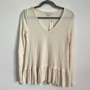 Eri + Ali Anthropologie Cream Waffle Knit V Neck Long Sleeve Shirt XS NWT